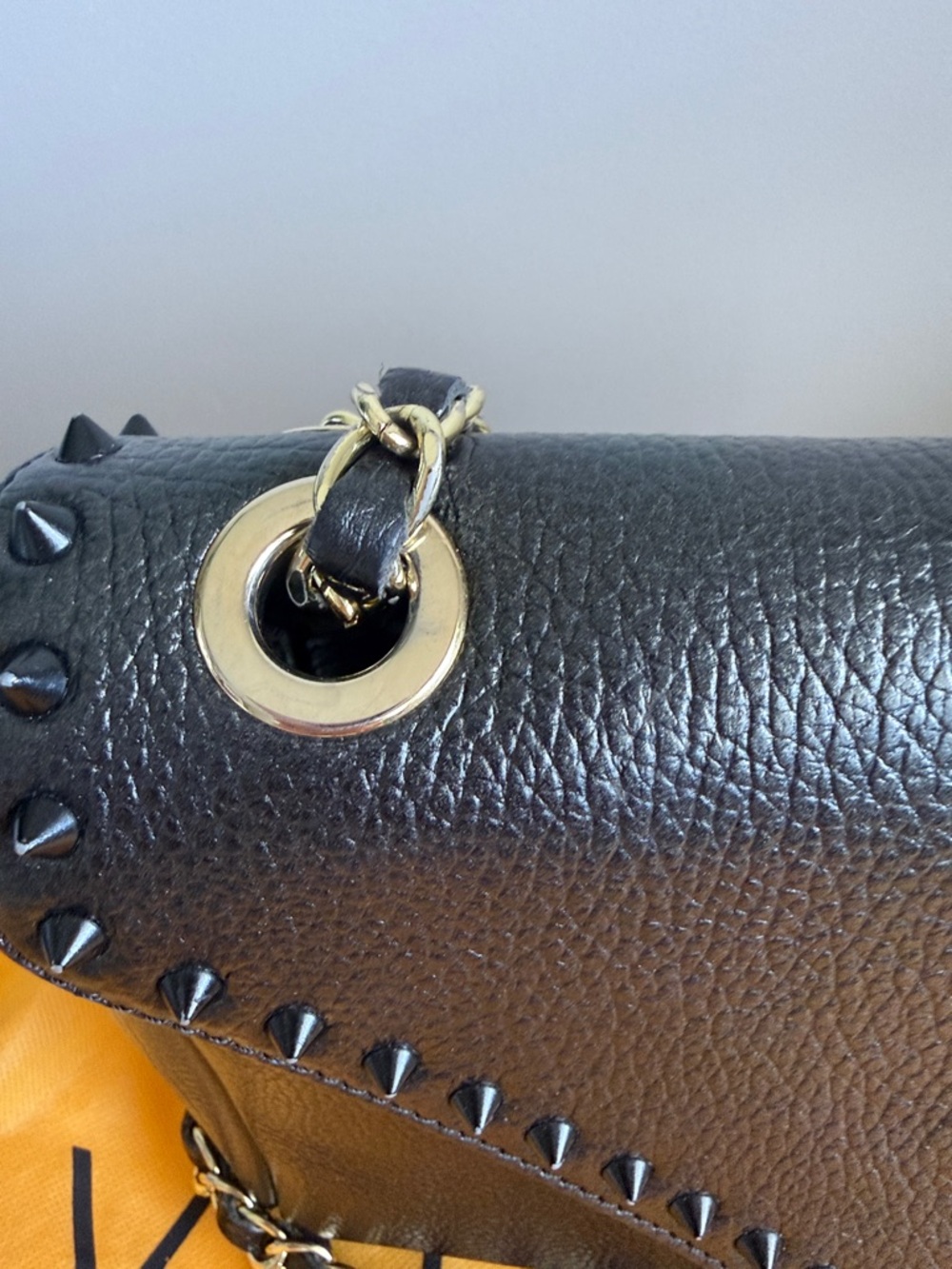 Valentino Black Pebbled Leather Stud-Trim Shoulder Bag with Gold Chain - Picture 6 of 13